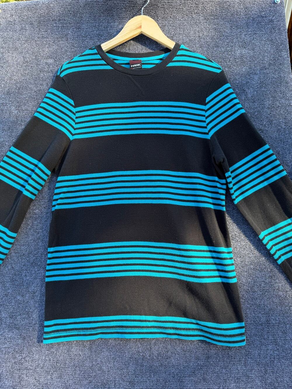 Tony Hawk Boys Waffle Knit Thermal Shirt XXL Black Blue Stripe Long Sleeve Crew
